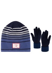True Religion Beanie Hat and Gloves Set Faux Sherpa Lined Cuff Winter Knit Cap and 2 Tone Fleece Lined Mittens
