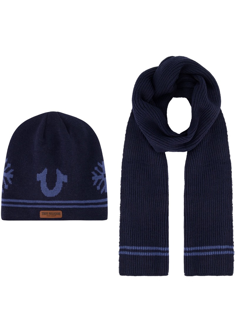 True Religion Beanie Hat and Scarf Set Ribbed Long Winter Knit Cap and Scarf with End Stripes