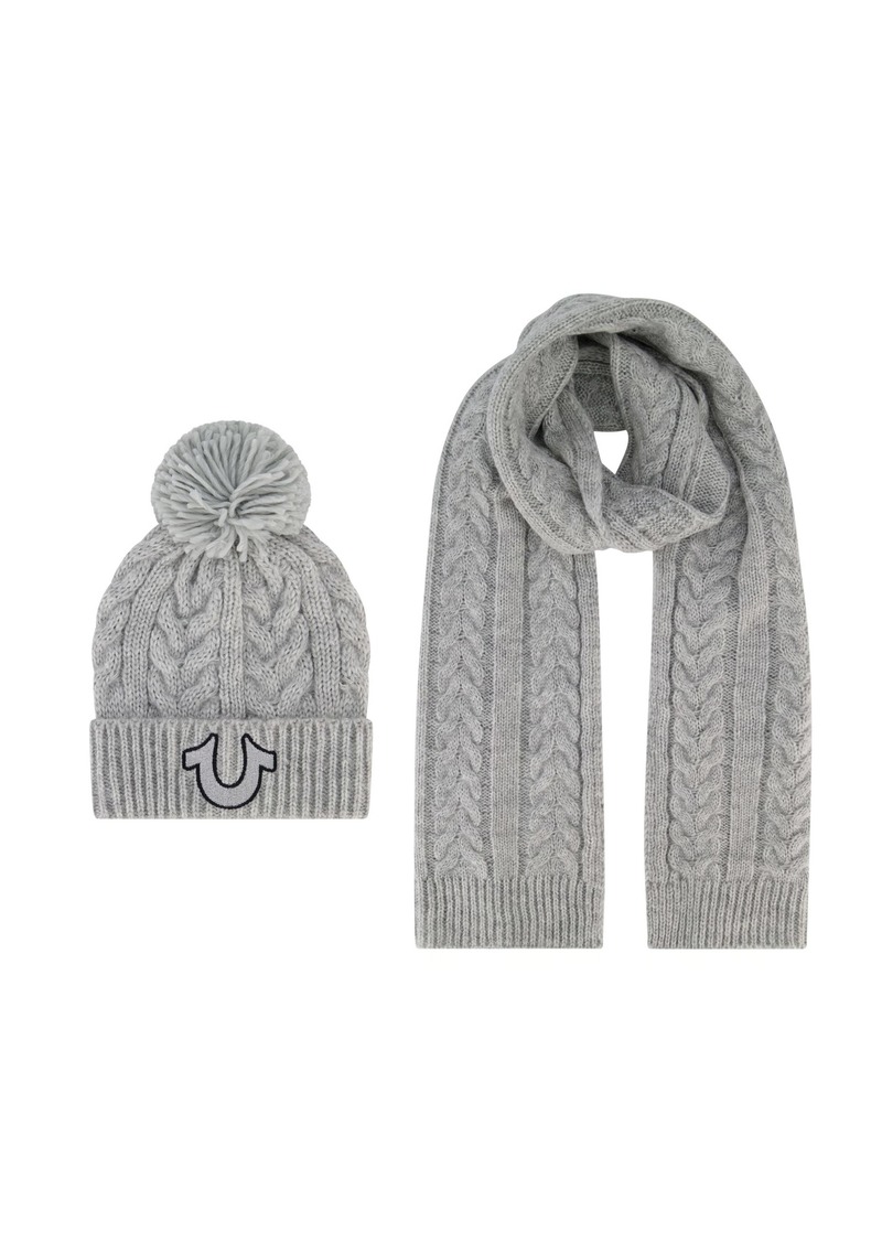 True Religion Women's Beanie Hat Set Winter Cuffed Knit Cap with Lurex Cable Pom and Scarf