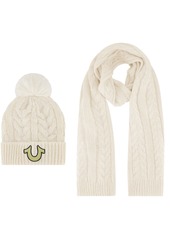 True Religion Beanie Hat and Scarf Set Winter Cuffed Knit Cap with Lurex Cable Pom and Scarf