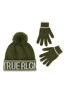 True Religion Beanie Hat and Touchscreen Glove Set Cuffed Winter Knit Cap with Pom and Touch Screen Mittens