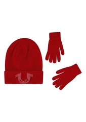 True Religion Beanie Hat and Touchscreen Glove Set Cuffed Winter Knit Cap with Rhinestone Logo and Touch Screen Mittens