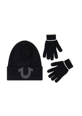 True Religion Beanie Hat and Touchscreen Glove Set Cuffed Winter Knit Cap with Rhinestone Logo and Touch Screen Mittens