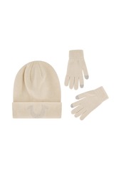 True Religion Beanie Hat and Touchscreen Glove Set Cuffed Winter Knit Cap with Rhinestone Logo and Touch Screen Mittens Off White