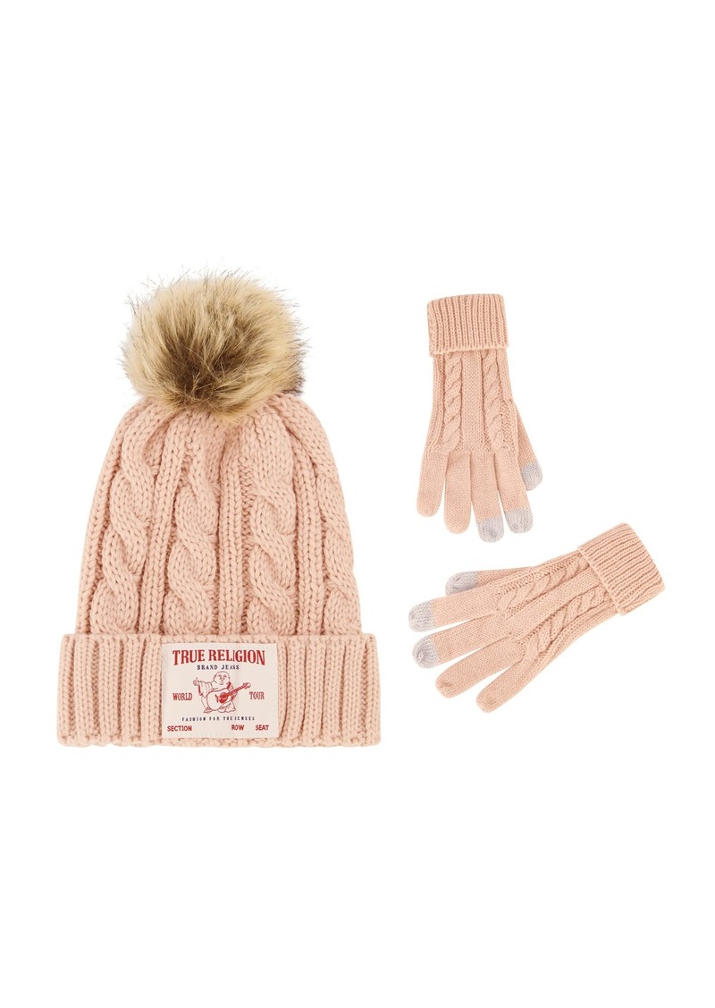 True Religion Beanie Hat and Touchscreen Glove Set Winter Knit Cap with Cable Faux Fur Pom and Touch Screen Mittens