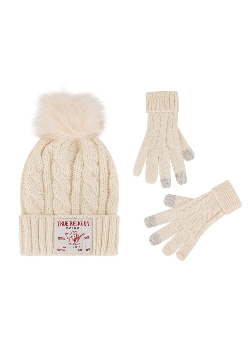 True Religion Beanie Hat and Touchscreen Glove Set Winter Knit Cap with Cable Faux Fur Pom and Touch Screen Mittens