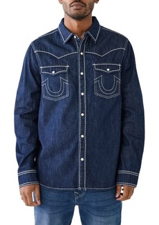 True Religion Brand Jeans Big T Cotton Denim Snap-Up Western Shirt