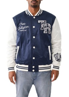 True Religion Brand Jeans Souvenir Satin Snap-Up Varsity Jacket