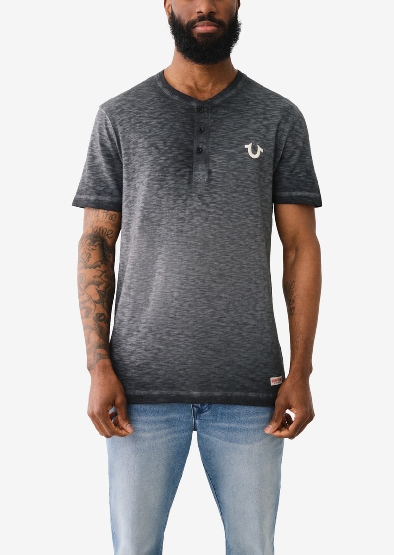 True Religion Men's Short Sleeve Dyed Embro Henley Shirt - Jet Black