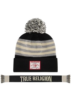 True Religion Beanie Hat and Scarf Set Winter Cuffed Knit Cap with Pom and Stadium Style Scarf