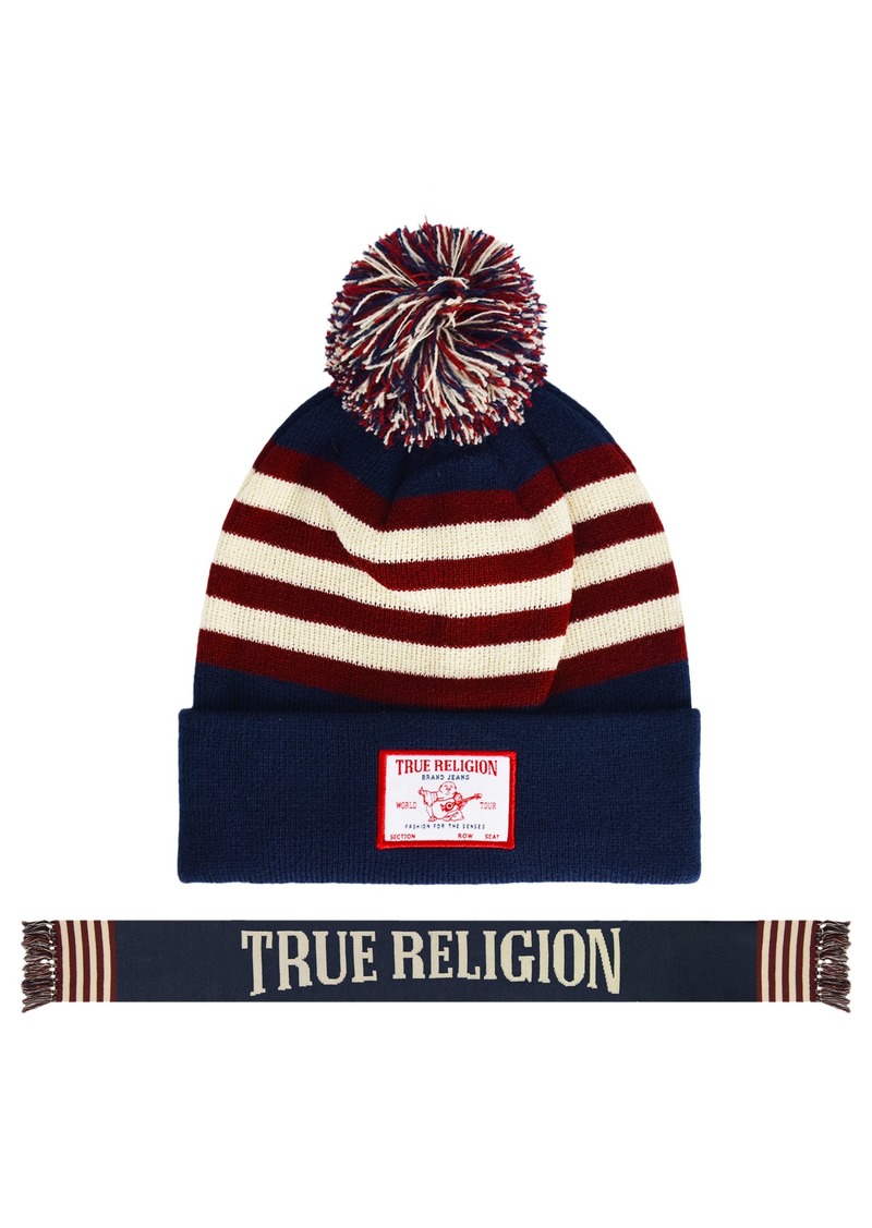 True Religion Beanie Hat and Scarf Set Winter Cuffed Knit Cap with Pom and Stadium Style Scarf