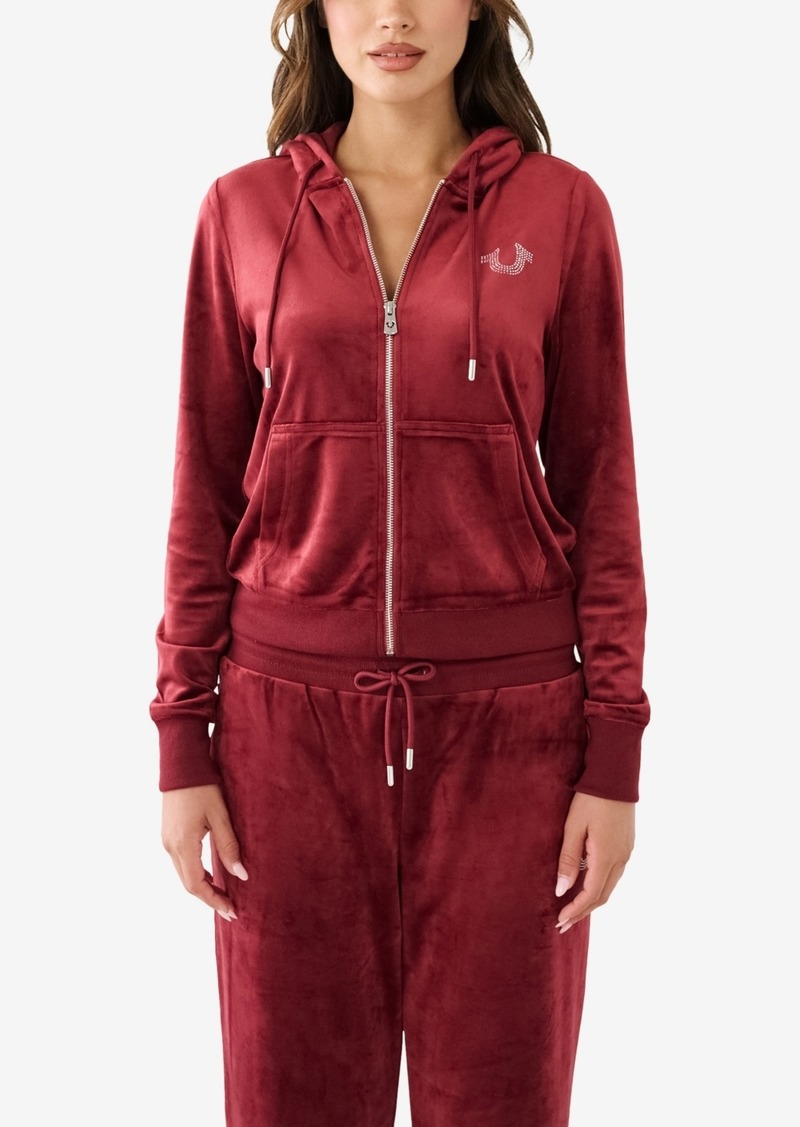 True Religion Women's Classic Velour Zip Hoodie Sweatshirt - Cabernet