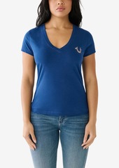 True Religion Women's Short Sleeve Foil Horseshoe V-neck T-shirt - Estate Blue