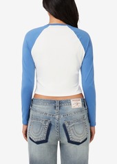 True Religion Women's Vintage-Style Contrast Raglan Top - Winter White/Dutch Blue