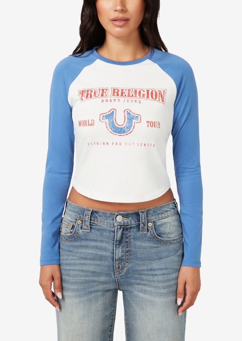 True Religion Women's Vintage-Style Contrast Raglan Top - Winter White/Dutch Blue