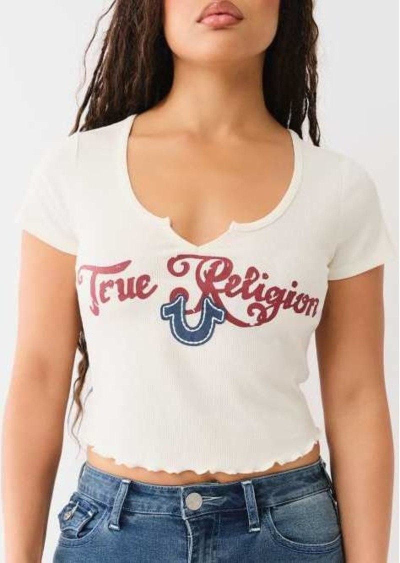 True Religion Women's V Notch Lettuce Edge Baby T-Shirt