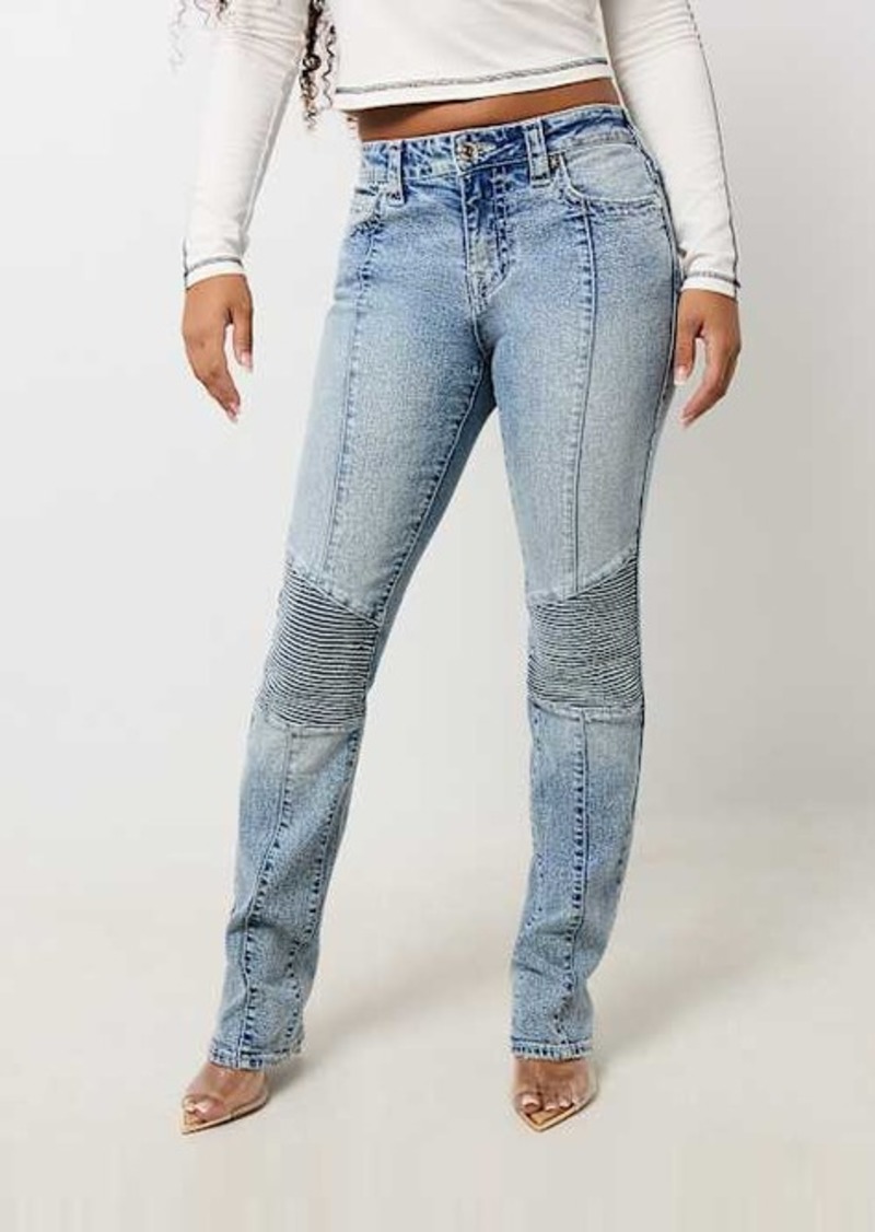 True Religion Women's Billie Mid Rise Moto Straight Jean