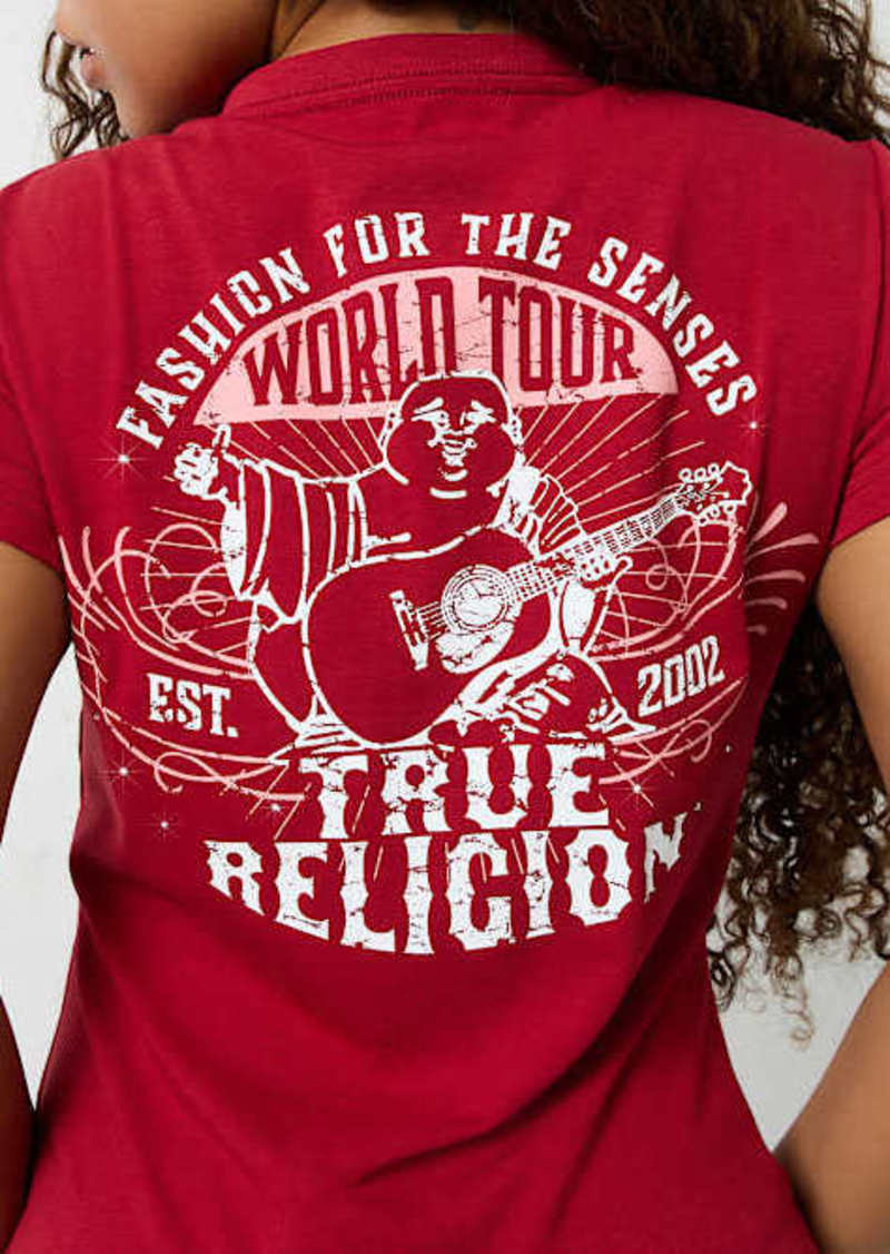 True Religion Women's Crackle World Tour Logo V Neck T-Shirt