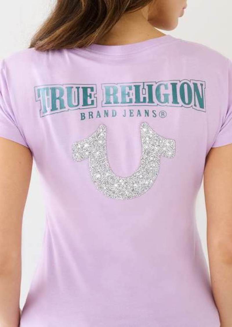 True Religion Women's Crushed Crystal Horeshoe V Neck T-Shirt