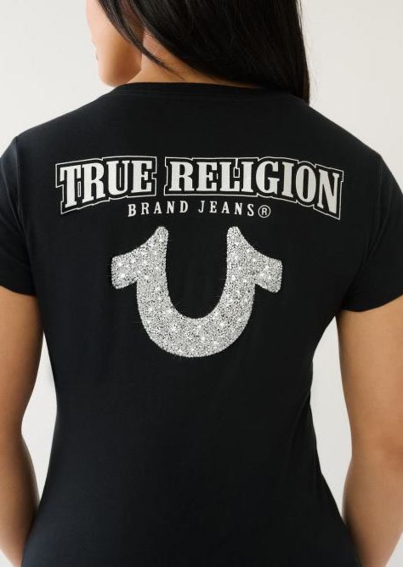 True Religion Women's Crushed Crystal Horeshoe V Neck T-Shirt