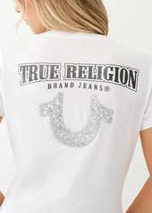 True Religion Women's Crushed Crystal Horeshoe V Neck T-Shirt