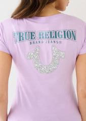 True Religion Women's Crushed Crystal Horeshoe V Neck T-Shirt