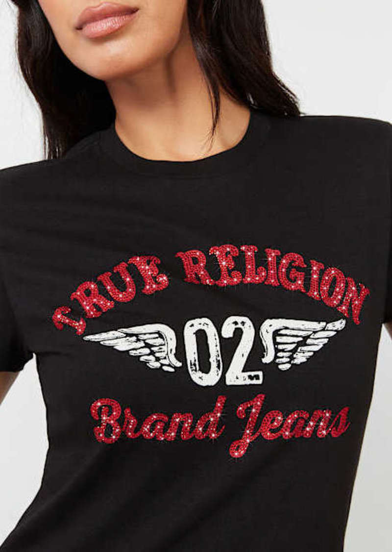 True Religion Women's Crystal Arched Logo Wing T-Shirt