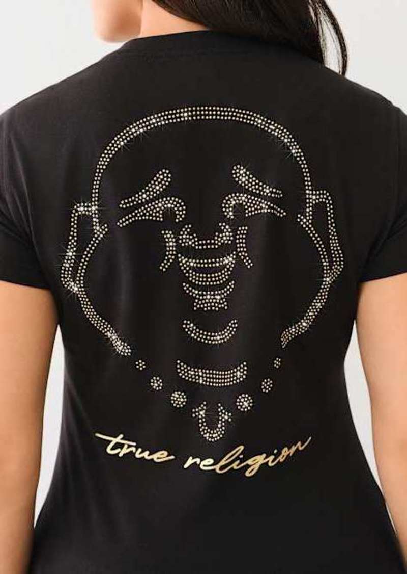 True Religion Women's Crystal Big Buddha Logo V Neck T-Shirt