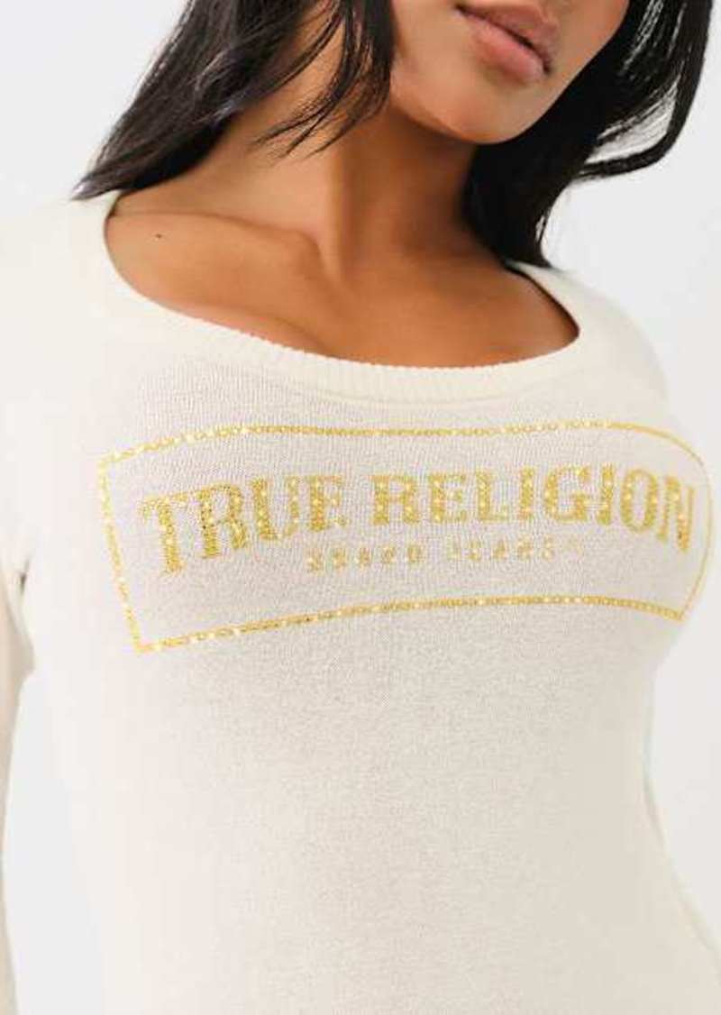 True Religion Women's Crystal Box Logo Scoop Neck Sweater