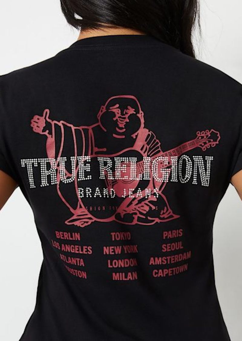 True Religion Women's Crystal Concert Logo V Neck T-Shirt