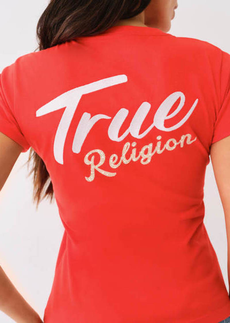 True Religion Women's Crystal Emboriderd V Neck T-Shirt