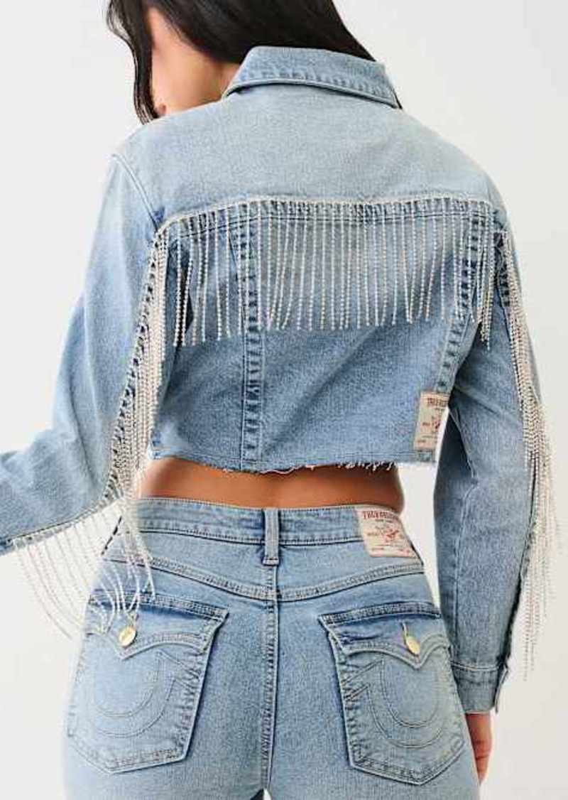 True Religion Women's Crystal Fringe Crop Denim Jacket