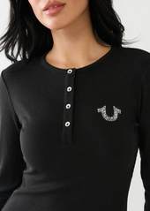 True Religion Women's Crystal Horseshoe Logo Henley Shirt