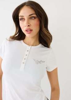 True Religion Women's Crystal Horseshoe Wing Rib Henley Shirt Top