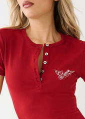 True Religion Women's Crystal Horseshoe Wing Rib Henley Shirt Top