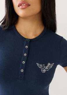 True Religion Women's Crystal Horseshoe Wing Rib Henley Shirt Top