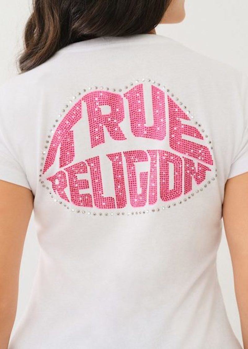 True Religion Women's Crystal Lips V Neck T-Shirt