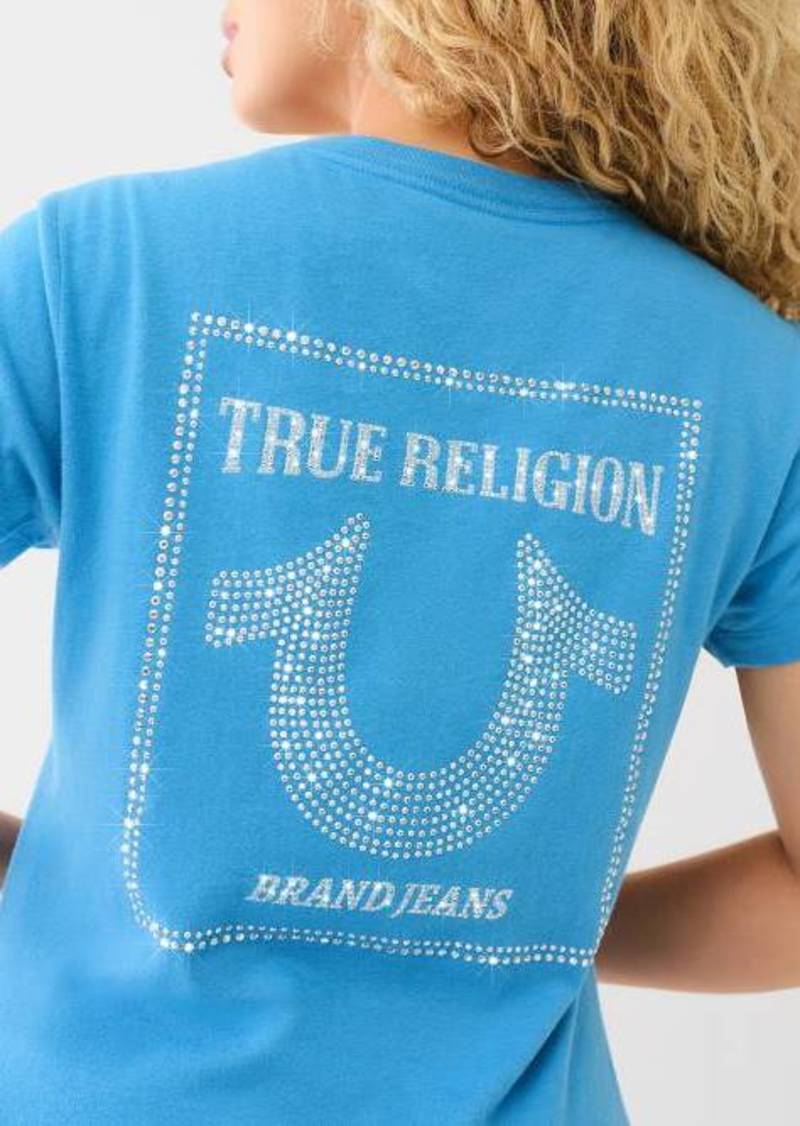 True Religion Women's Crystal Logo V Neck T-Shirt