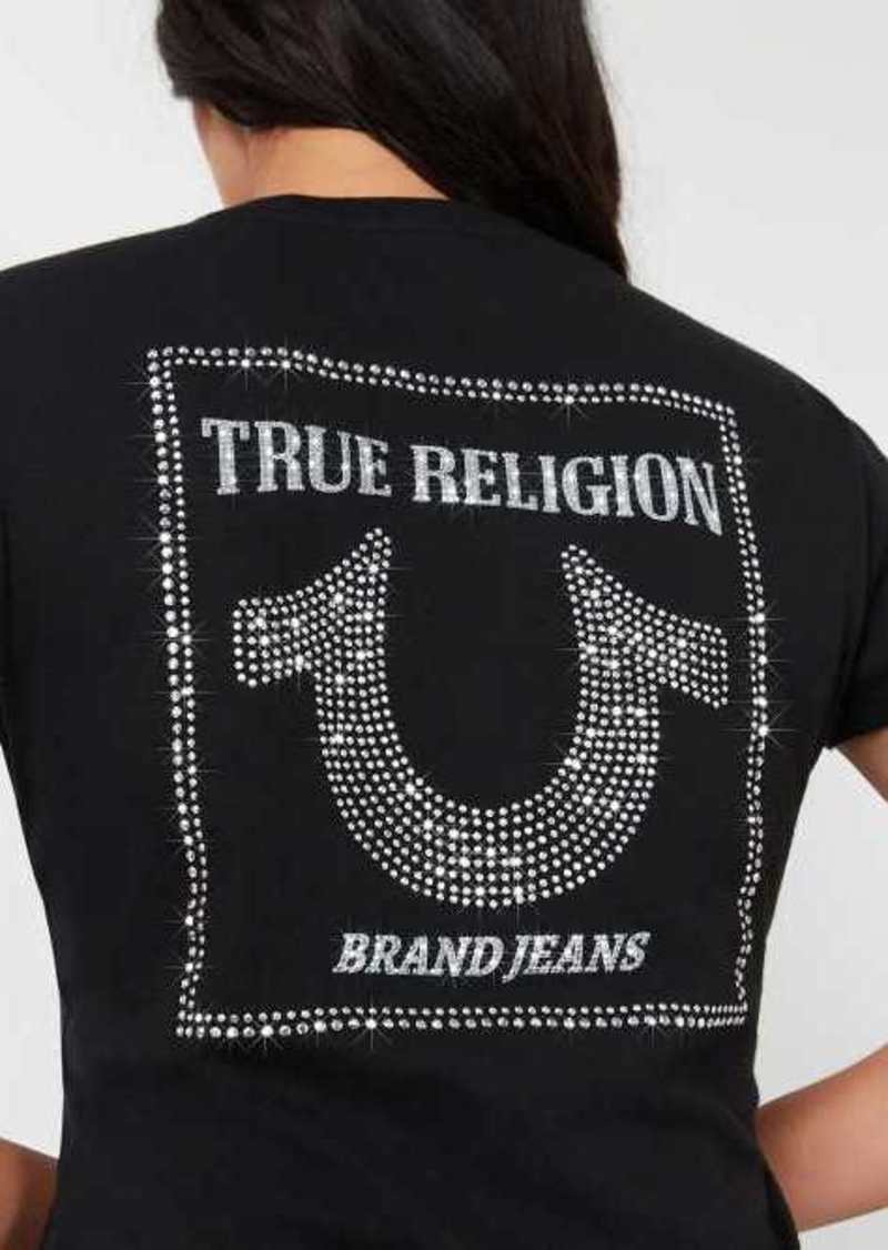 True Religion Women's Crystal Logo V Neck T-Shirt