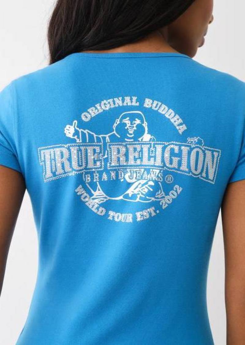 True Religion Women's Crystal Metallic Buddha Notch T-Shirt