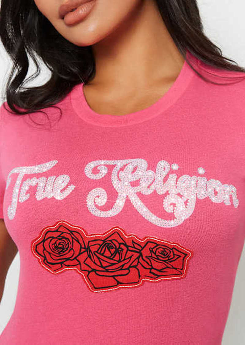 True Religion Women's Crystal Rose Short Sleeve Crew T-Shirt