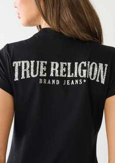 Women's Crystal True Religion V Neck Logo Tee