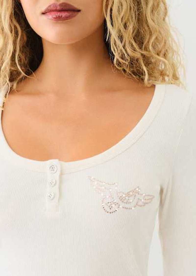 True Religion Women's Crystal Wing Rib Henley T-Shirt