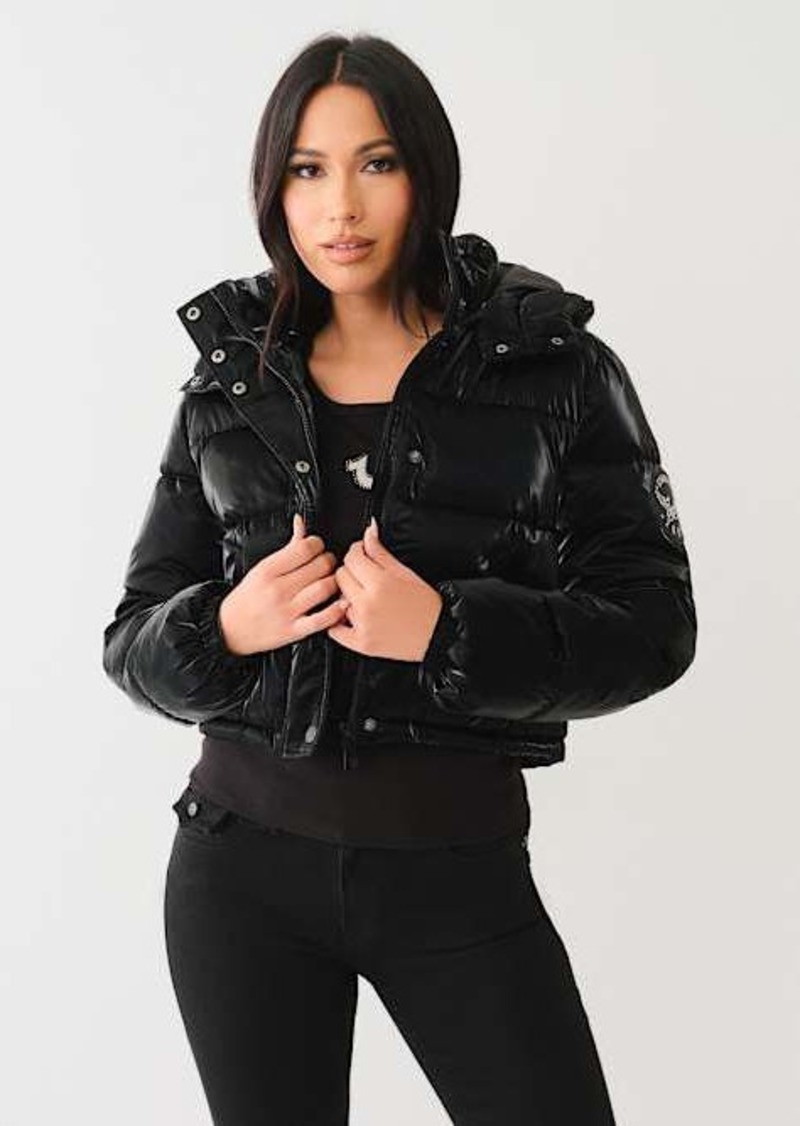 True Religion Women's Faux Patent Leather Hooded Puffer Jacket