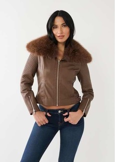 True Religion Women's Fur Trim Faux Leather Moto Jacket