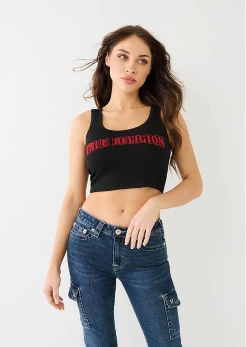 True Religion Women's Glitter Flocked TR Logo Crop Tank Top