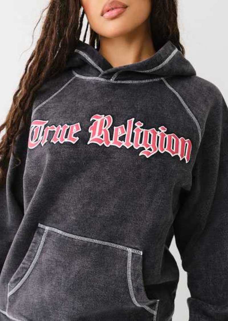 True Religion Women's Logo Acid Wash Boyfriend Hoodie