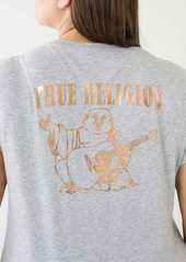 True Religion Women's Metallic Buddha Logo V Neck T-Shirt