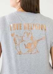 True Religion Women's Metallic Buddha Logo V Neck T-Shirt