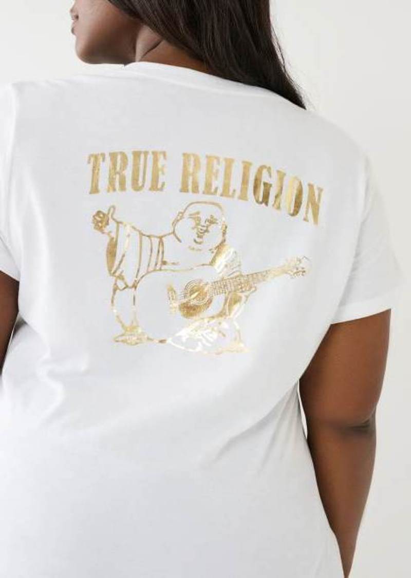 True Religion Women's Metallic Buddha Logo V Neck Tee